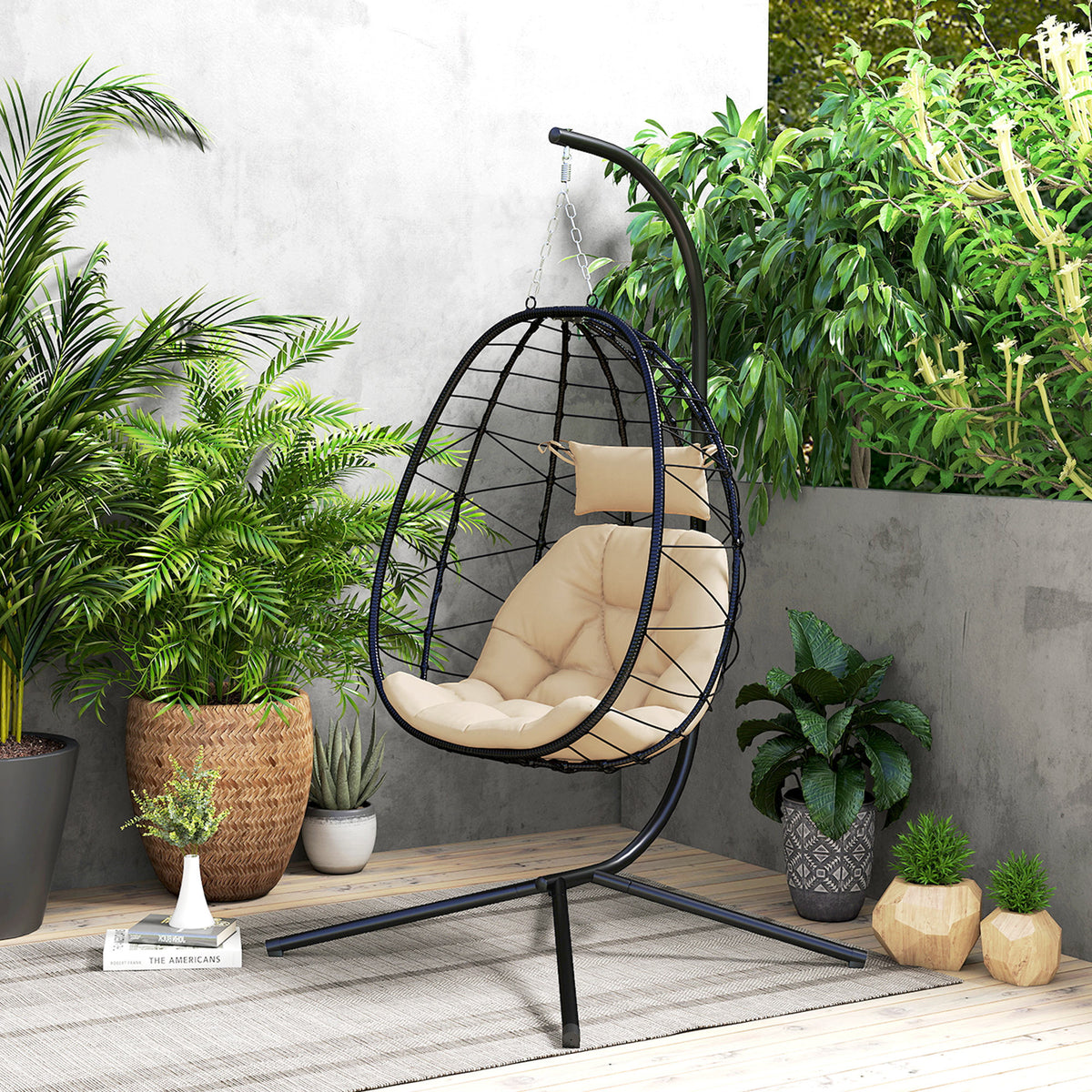 Garden Egg Chair Outdoor Hanging Swing Chair, Folding Basket, Khaki