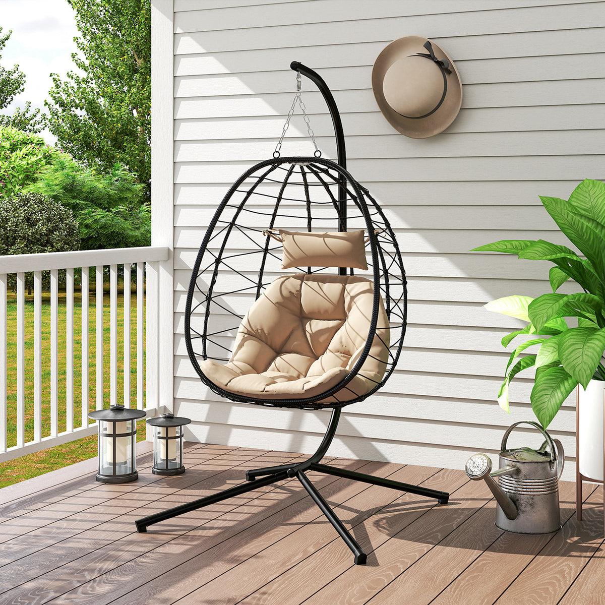 Garden Egg Chair Outdoor Hanging Swing Chair, Folding Basket, Khaki