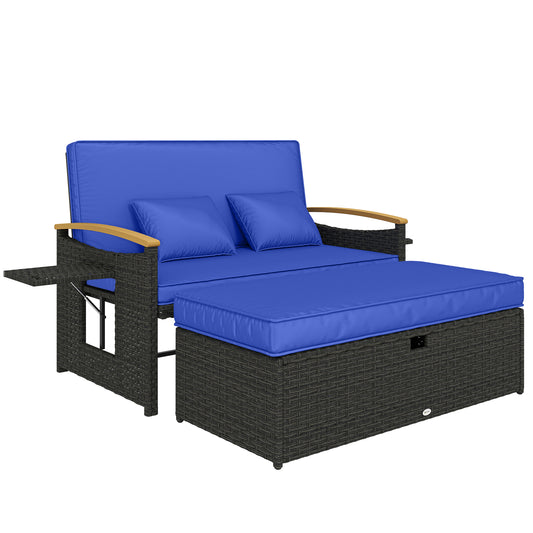 Double Garden Rattan Daybed with Storage Ottoman, Brown
