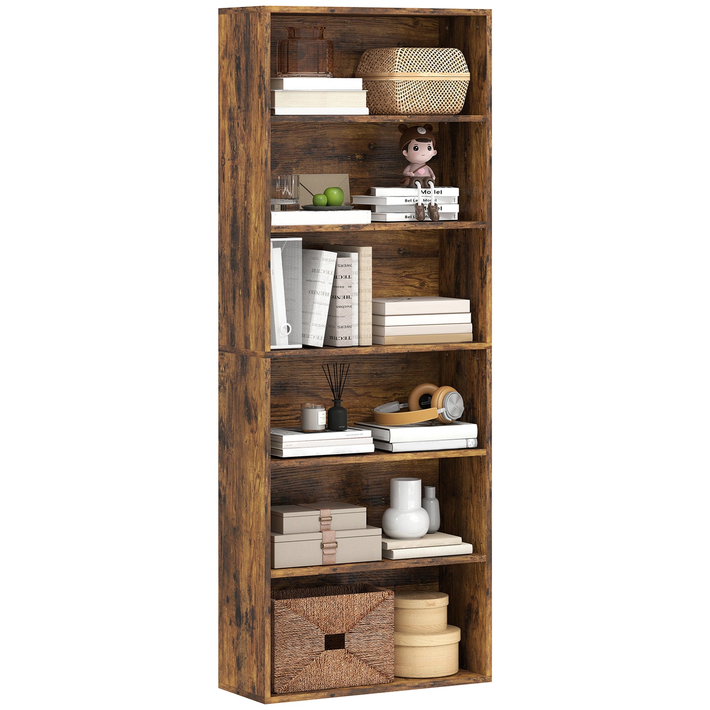 6 Tier Bookshelf, Freestanding Bookcase with Adjustable Shelves, Brown