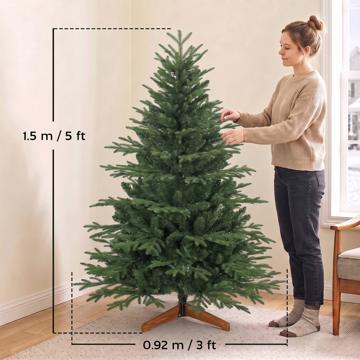 150 cm Artificial Christmas Tree Solid Pine Wood Stand, Green
