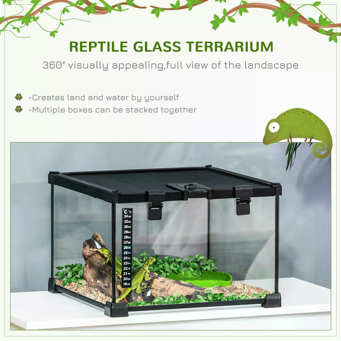 30 x 30 x 20 cm Reptile Glass Terrarium, Reptile Breeding Tank, Climbing pet Glass Containers, Arboreal Box, with Strip Patch Thermometer-Black