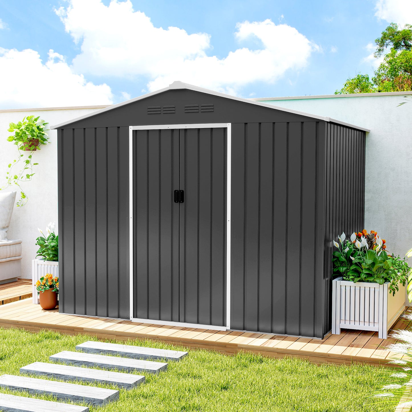 8 x 6ft Garden Storage Shed with Double Door, Dark Grey