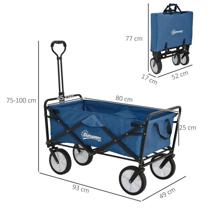 Pull Along Cart Folding Cargo Wagon Trailer Trolley for Beach Garden Use with Telescopic Handle - Blue