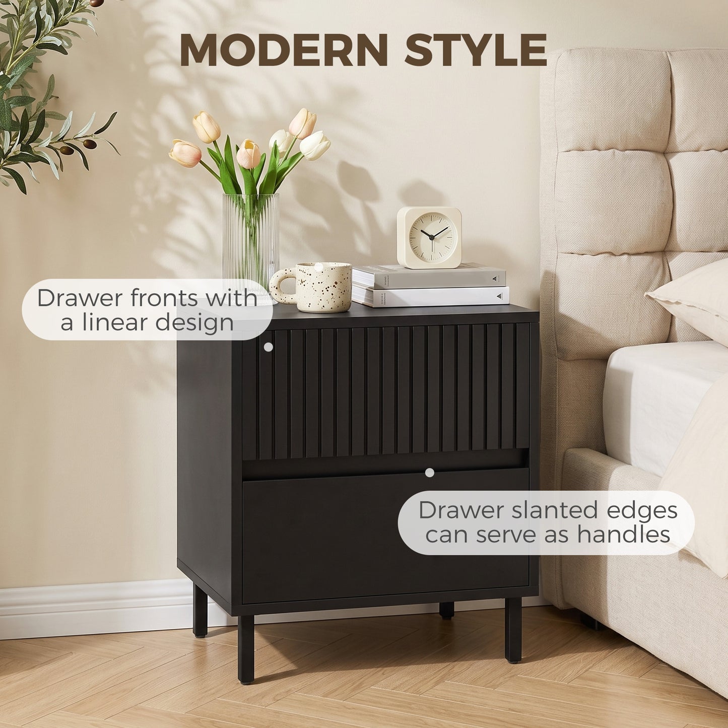Bedside Cabinet with 2 Drawers, Storage and Steel Legs, Black
