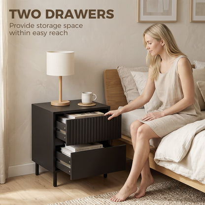 Bedside Cabinet with 2 Drawers, Storage and Steel Legs, Black