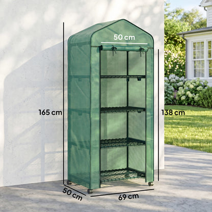 4 Tiers Mini Portable Greenhouse, Compact Plant Grow Shed with Metal Frame and PE Cover, Lockable Wheels, 165H x 69L x 50W cm, Green