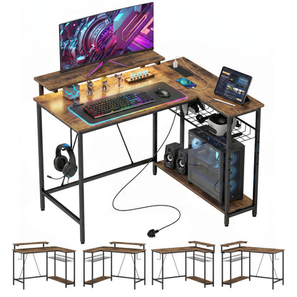L Shaped Desk with LED Lights and Storage, Rustic Brown