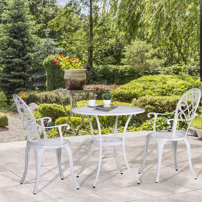 3PCs Garden Bistro Set Cast Aluminium Round Table with 2 Chairs White