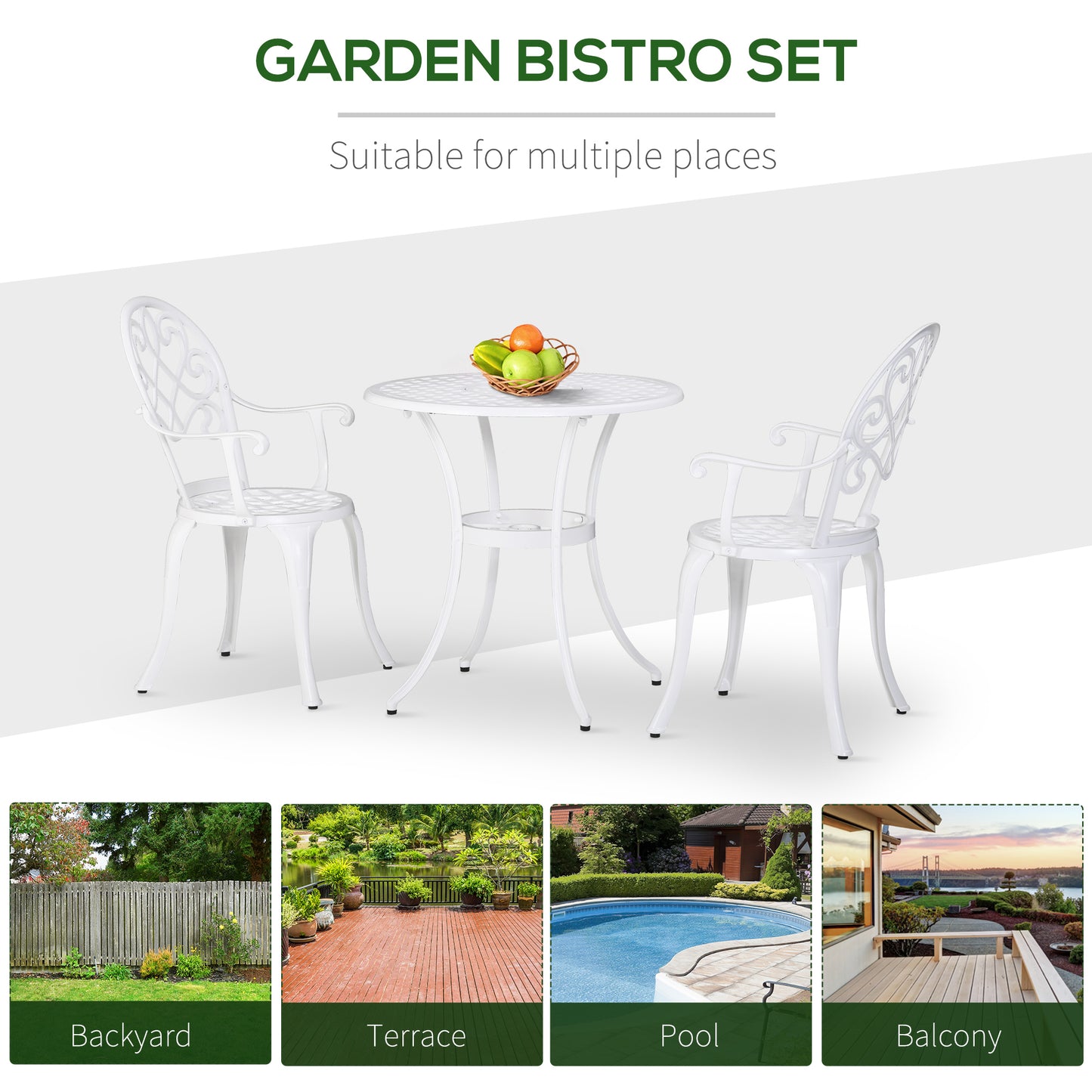 3PCs Garden Bistro Set Cast Aluminium Round Table with 2 Chairs White