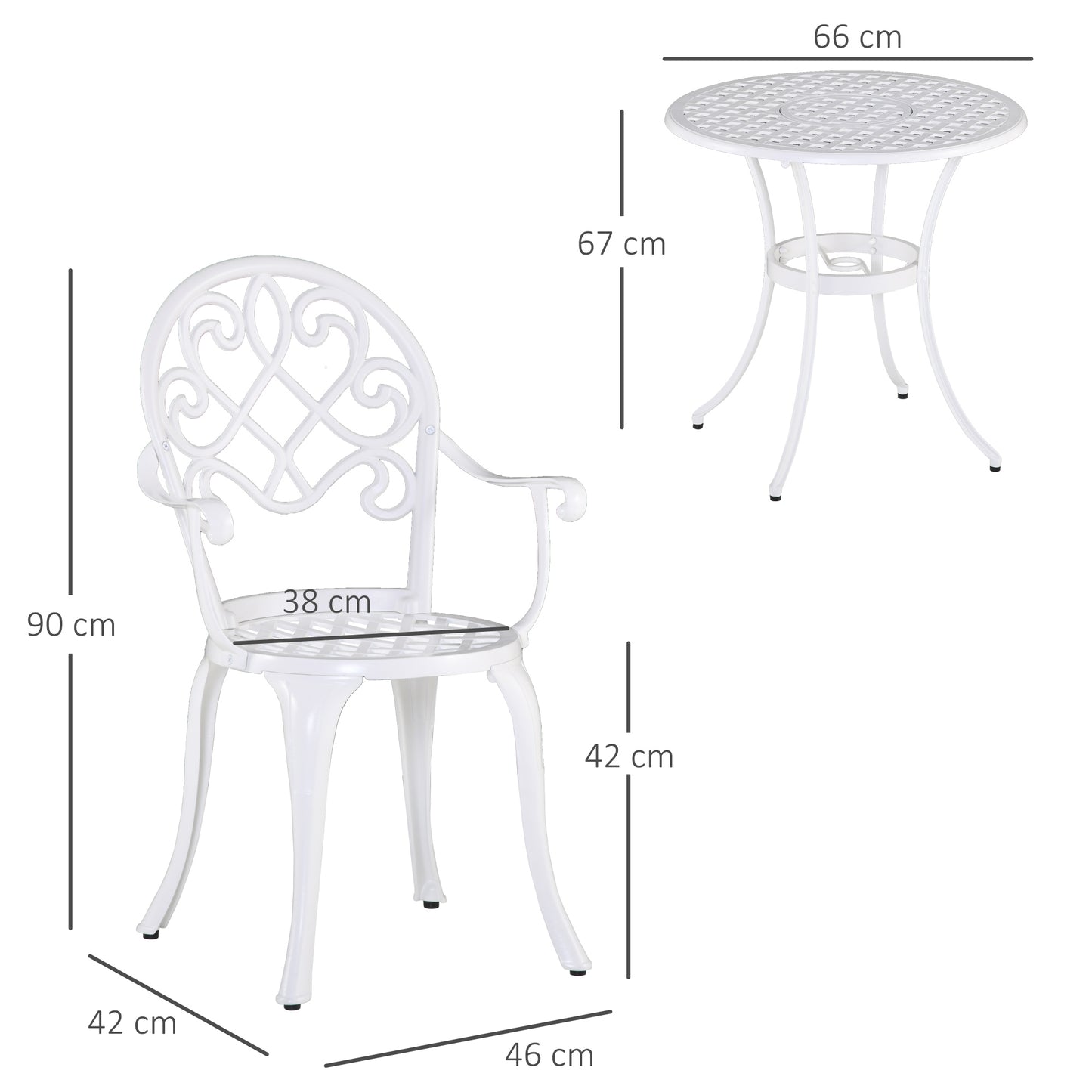 3PCs Garden Bistro Set Cast Aluminium Round Table with 2 Chairs White