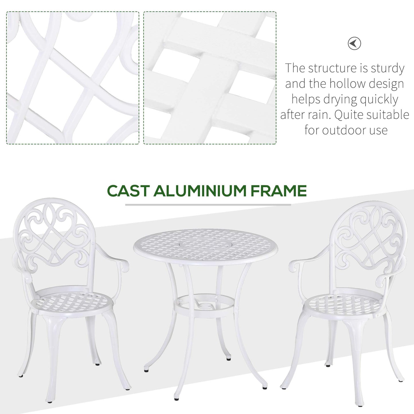 3PCs Garden Bistro Set Cast Aluminium Round Table with 2 Chairs White