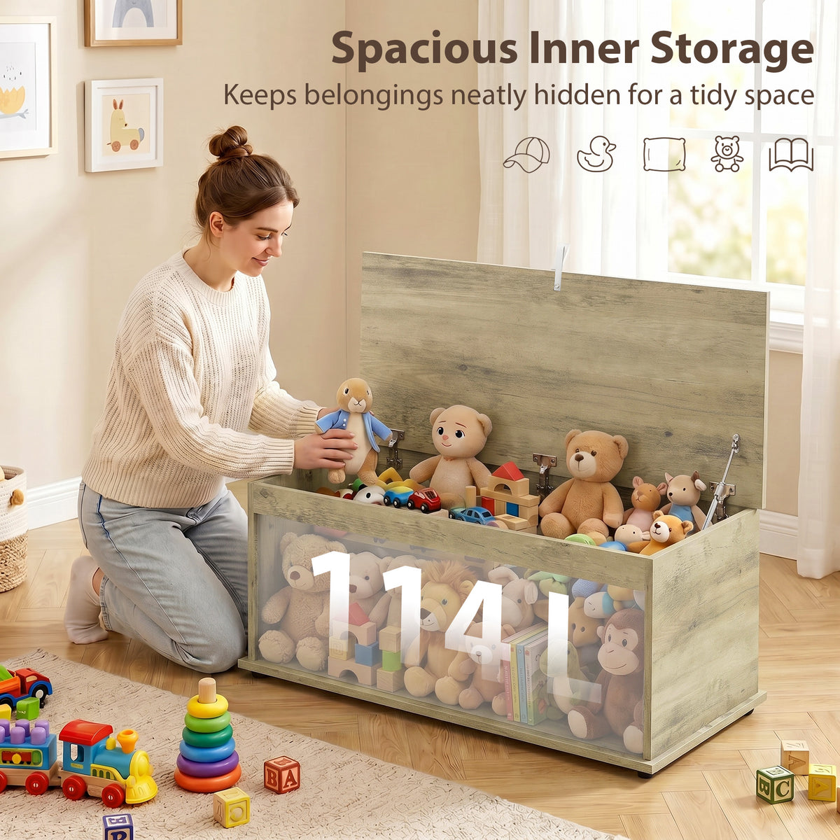 Storage Chest With Lid, 113L Storage Box, Grey Wood Effect