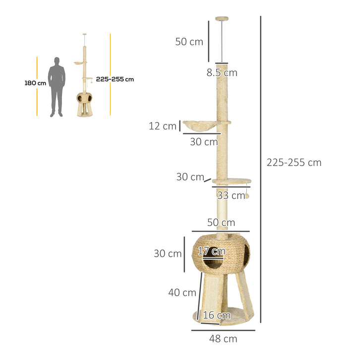 255cm Cat Tree Tower w/ Scratching Post, Cat House, Ball, Platform, Beige