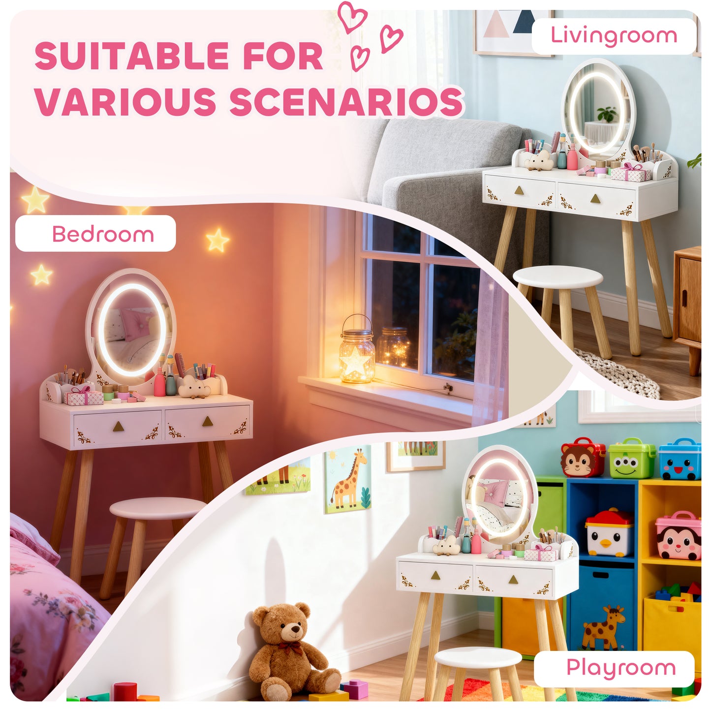 Kids Vanity Table and Chair Set with 3-Colour LED Lights Mirror