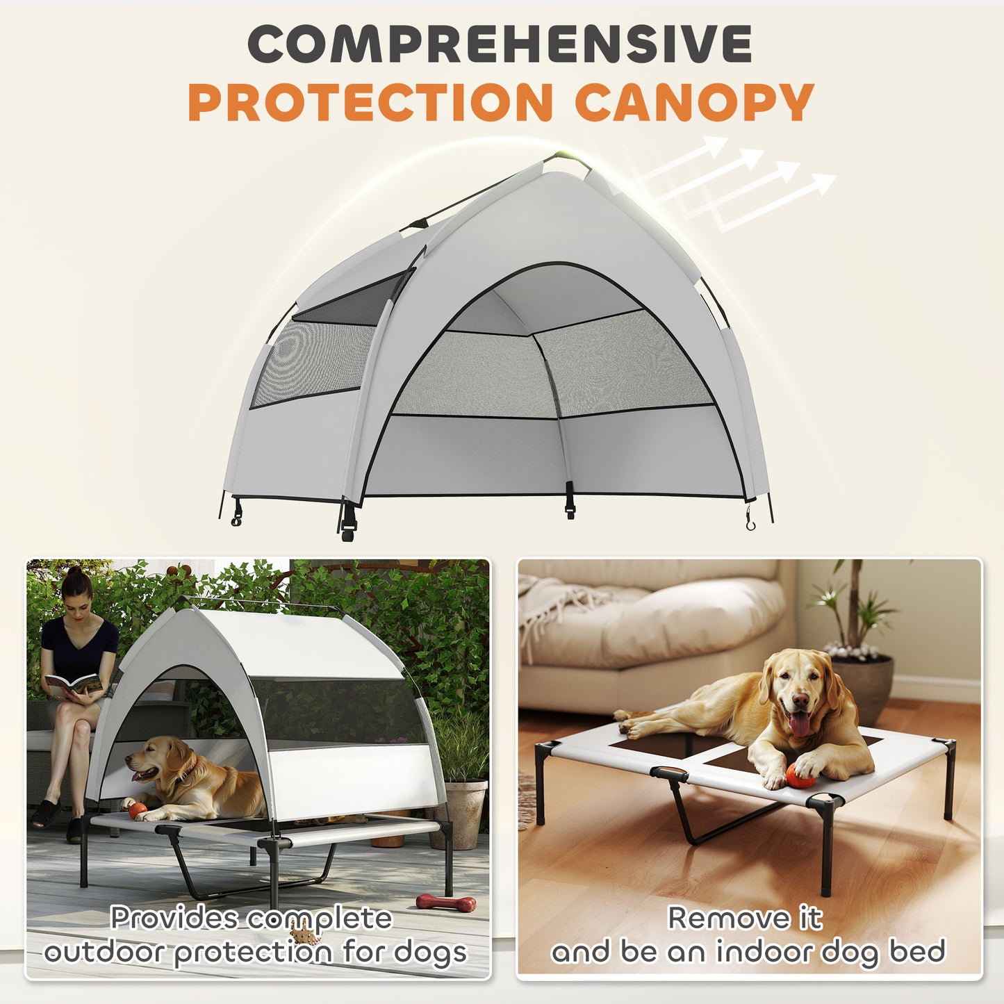 Portable Elevated Dog Bed with Removable Canopy, 92 x 75 x 89 cm