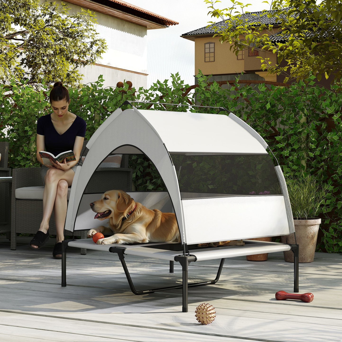 Portable Elevated Dog Bed with Removable Canopy, 92 x 75 x 89 cm