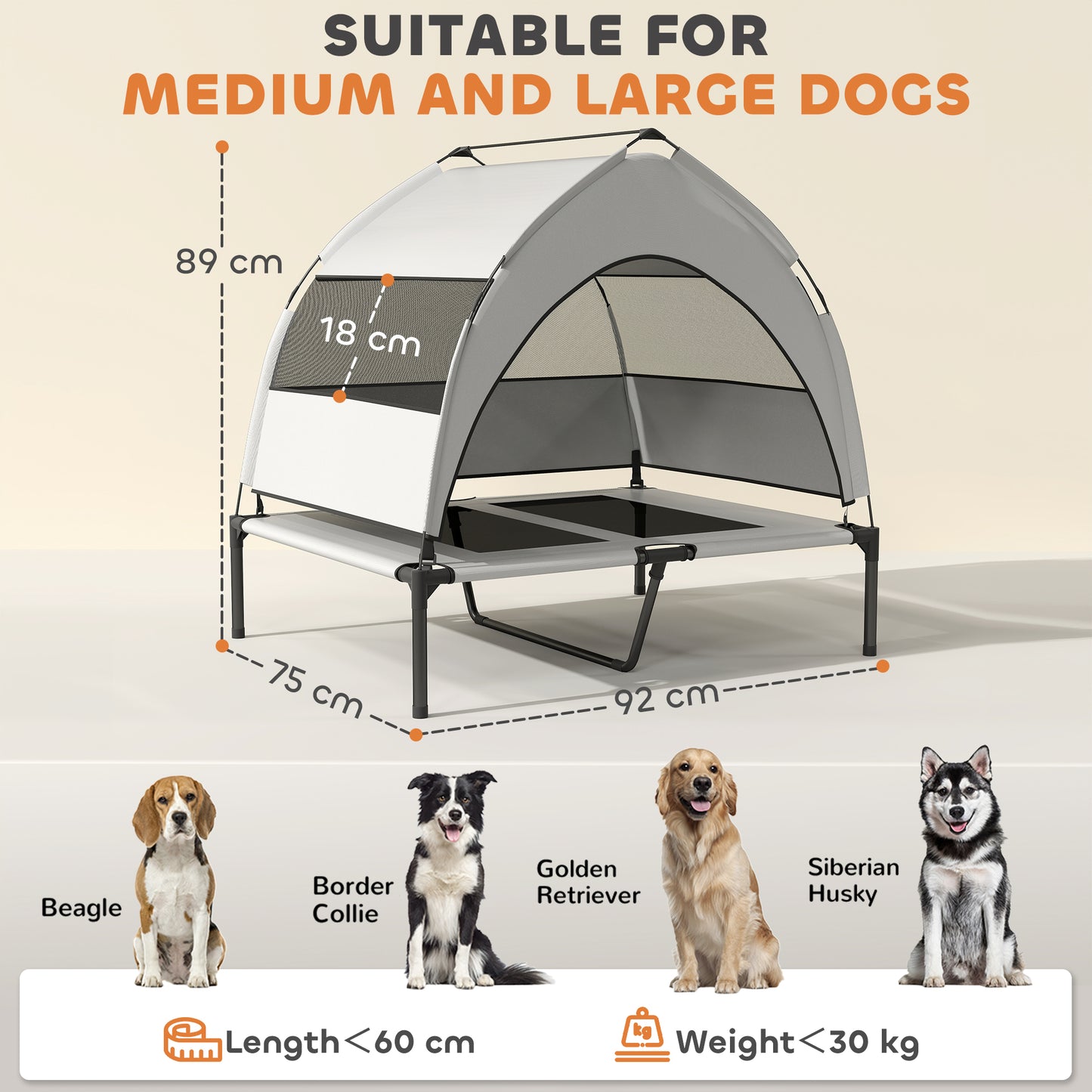 Portable Elevated Dog Bed with Removable Canopy, 92 x 75 x 89 cm
