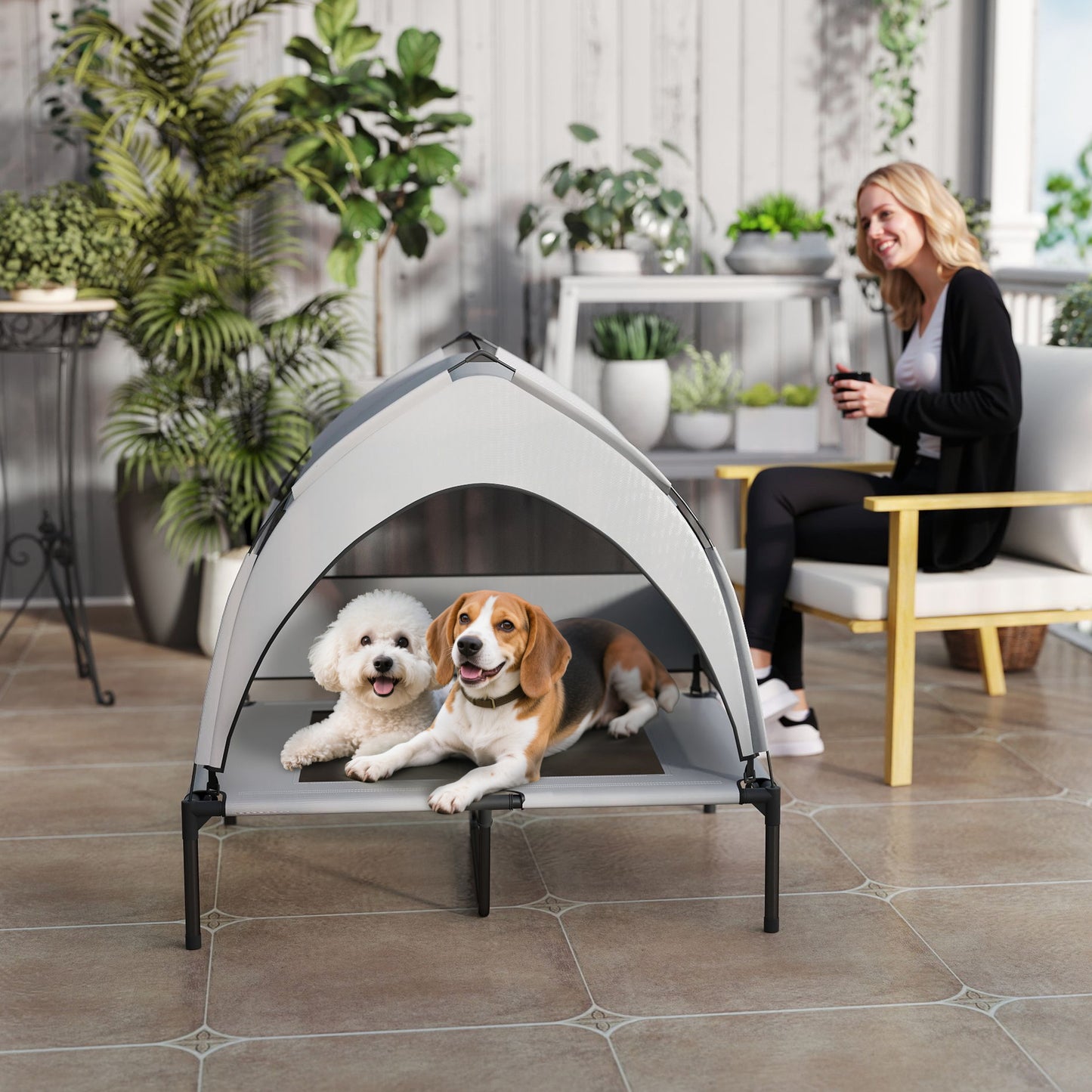Portable Elevated Dog Bed with Removable Canopy, 92 x 75 x 89 cm