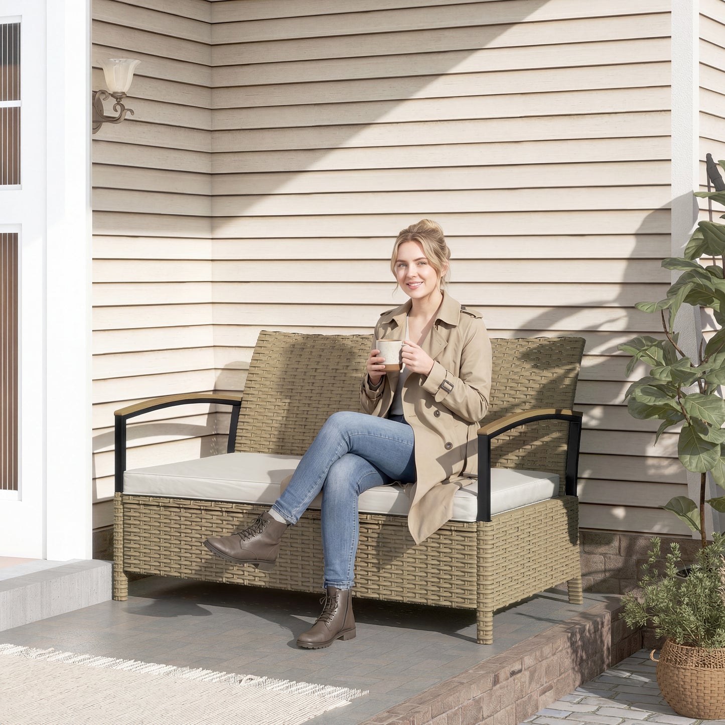 125L Garden Storage Bench, 2 Seater PE Rattan Outdoor Bench - Khaki