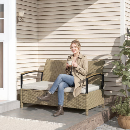 125L Garden Storage Bench, 2 Seater PE Rattan Outdoor Bench - Khaki