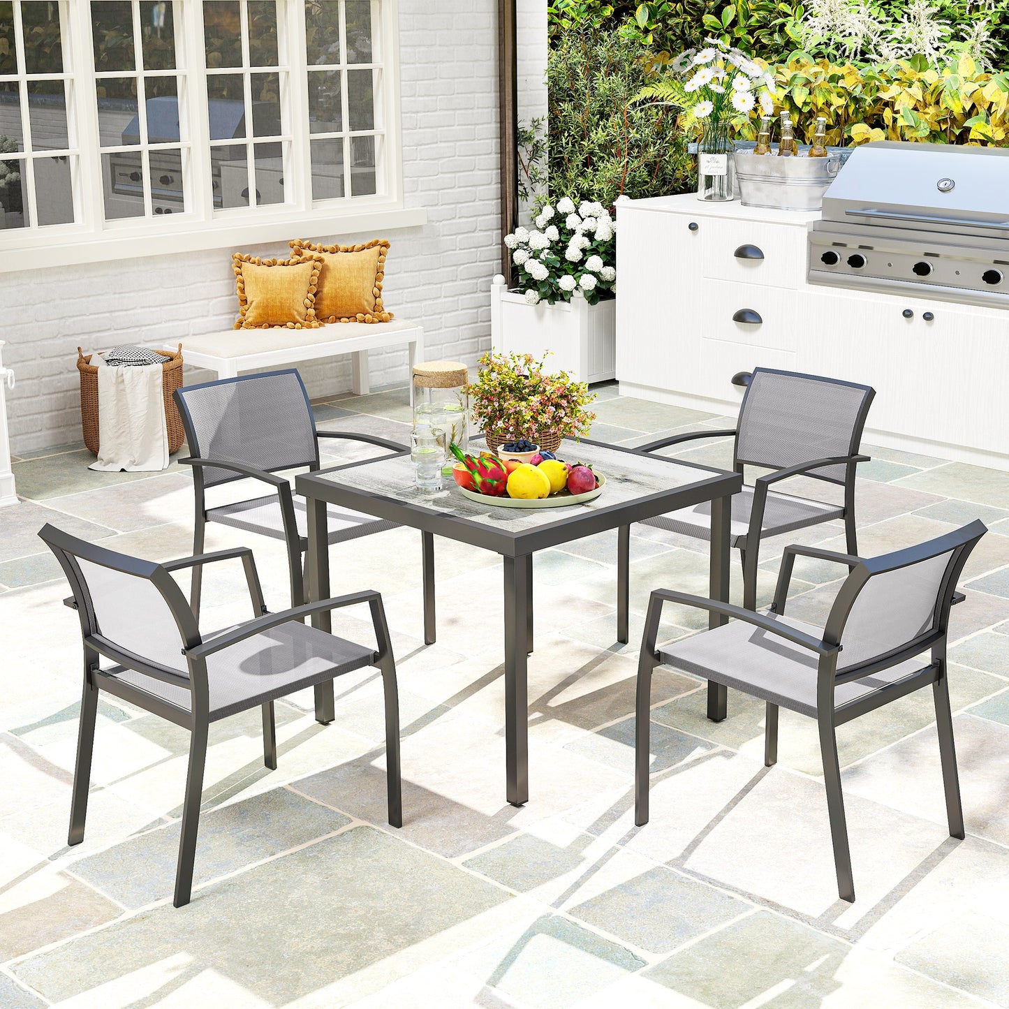 5 Piece Garden Furniture Set with 4 Stackable Armchairs, Grey