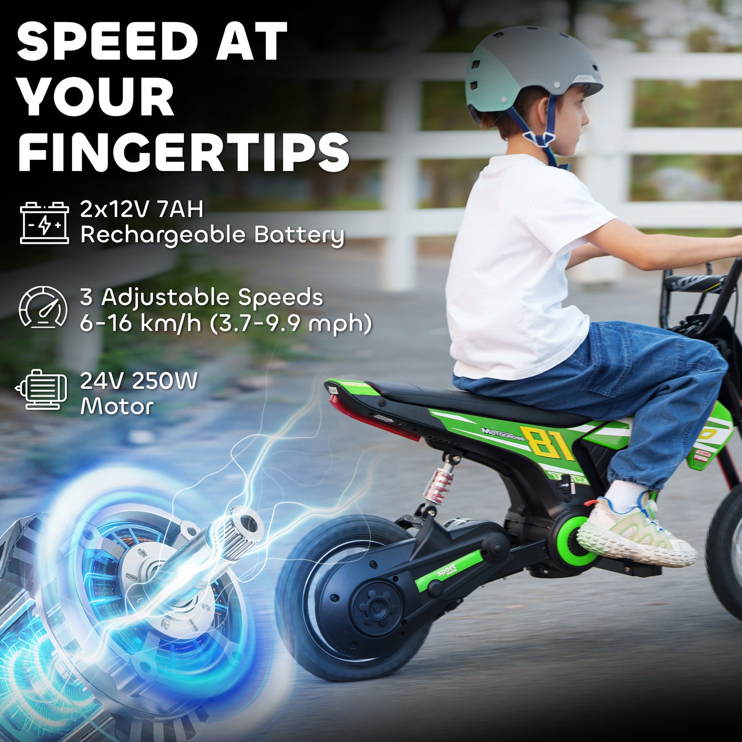 Kids Electric Motorbike, 24V Battery Powered Dirt Bike with 250W Motor, 6-16km/h, 7AH Batteries, 12" Inflatable Tires and Rear Suspension, Ride On Motorcycle for 8-12 Years Old, Green