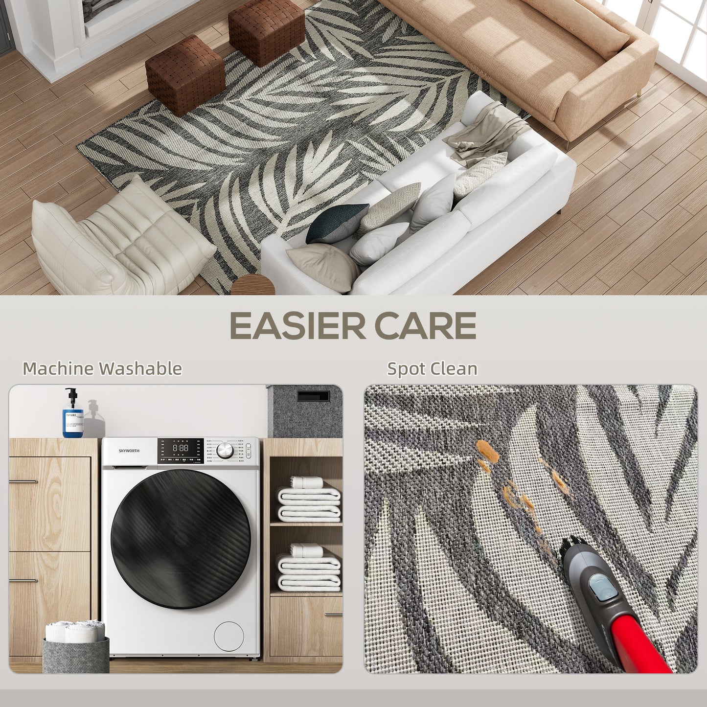 Easy-Cleaning Machine Washable Rug for Patio, Garden, Grey