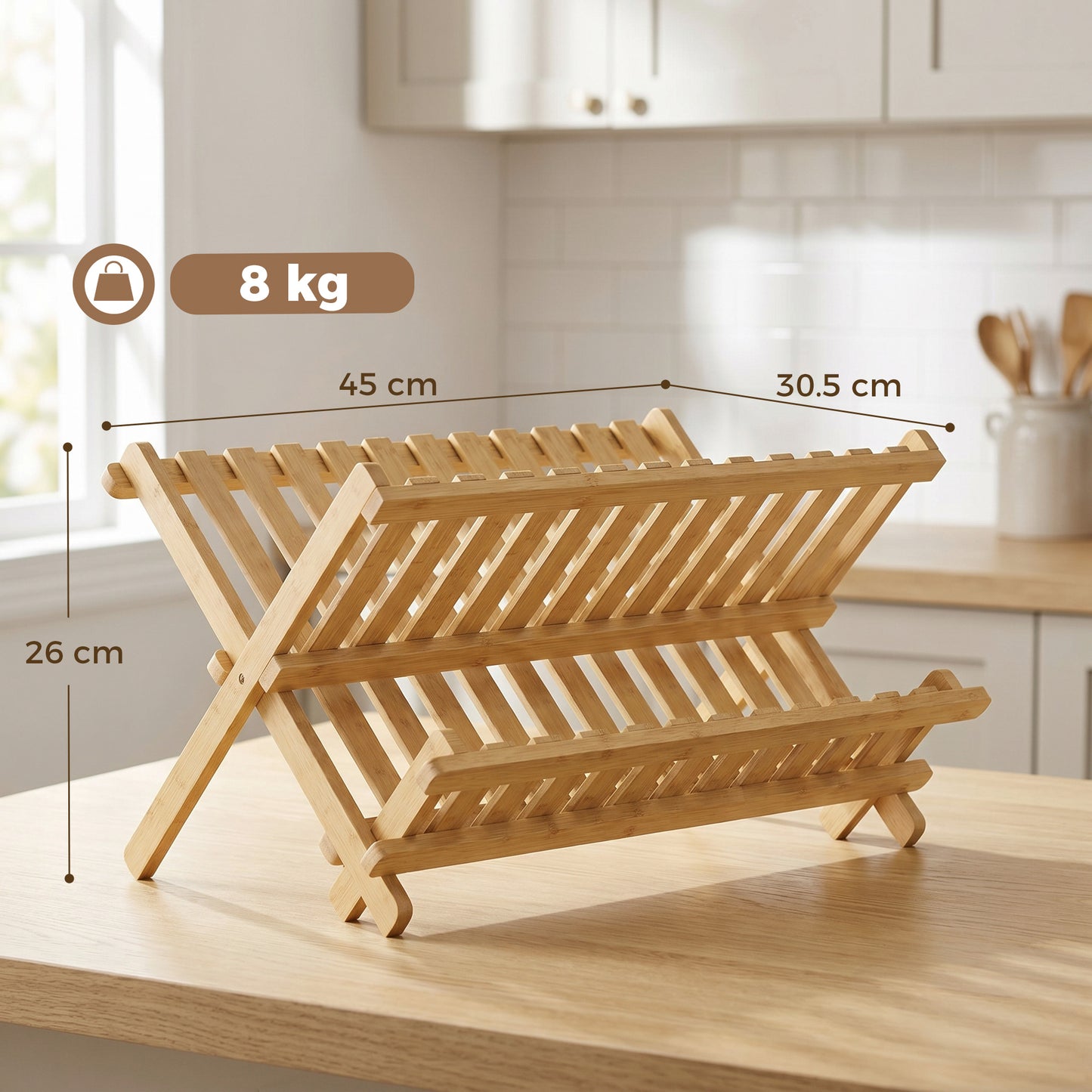 2-Tier Kitchen Storage Unit with Slatted Draining Shelves, Natural