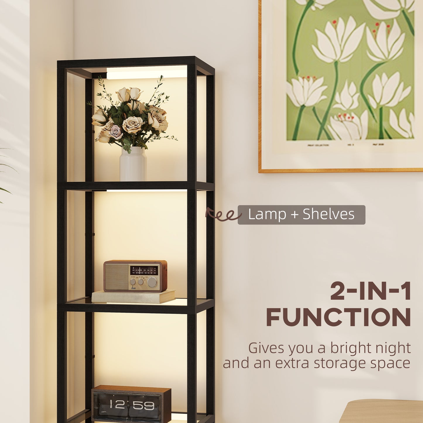 LED Floor Lamp with Glass Shelves, Dimmable Room Lamp, Black