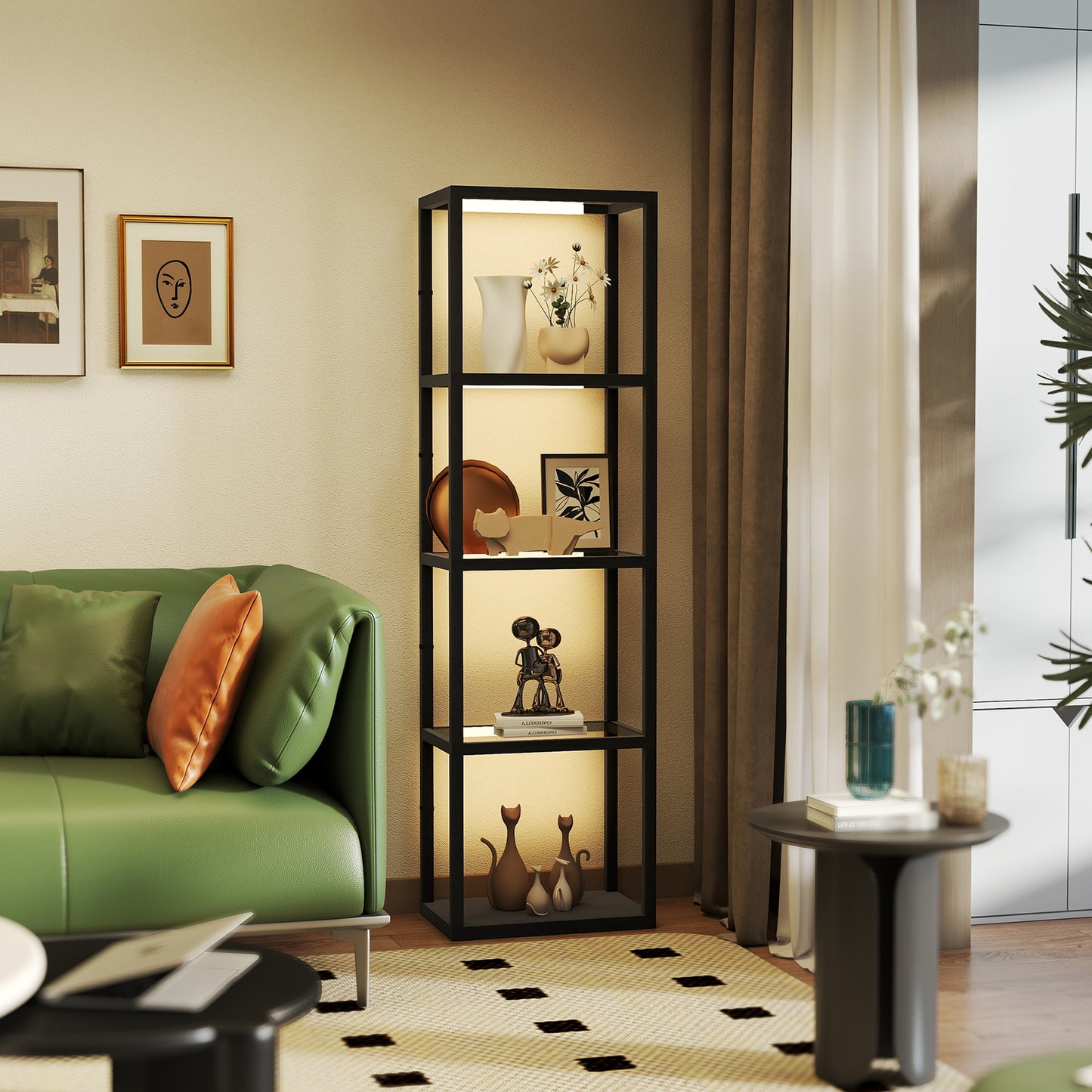 LED Floor Lamp with Glass Shelves, Dimmable Room Lamp, Black