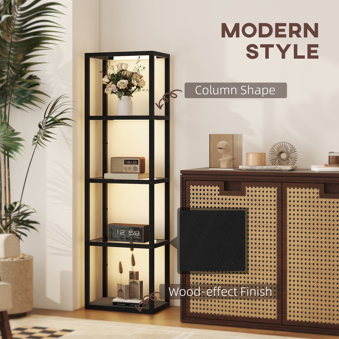 LED Floor Lamp with Glass Shelves, Dimmable Room Lamp, Black