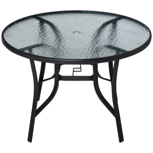 106cm Round Garden Dining Table with Parasol Hole Tempered Glass Top
