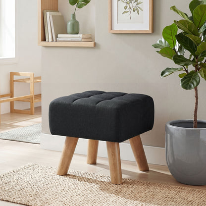 Modern Footstool, Fabric Foot Rest with Rubber Wood Legs, Black