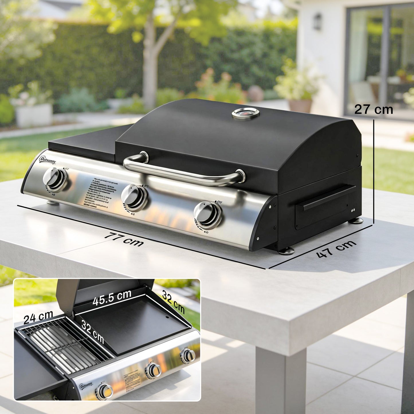7.5 kW Portable Portable Gas Plancha BBQ Grill with 3 Burner, Black