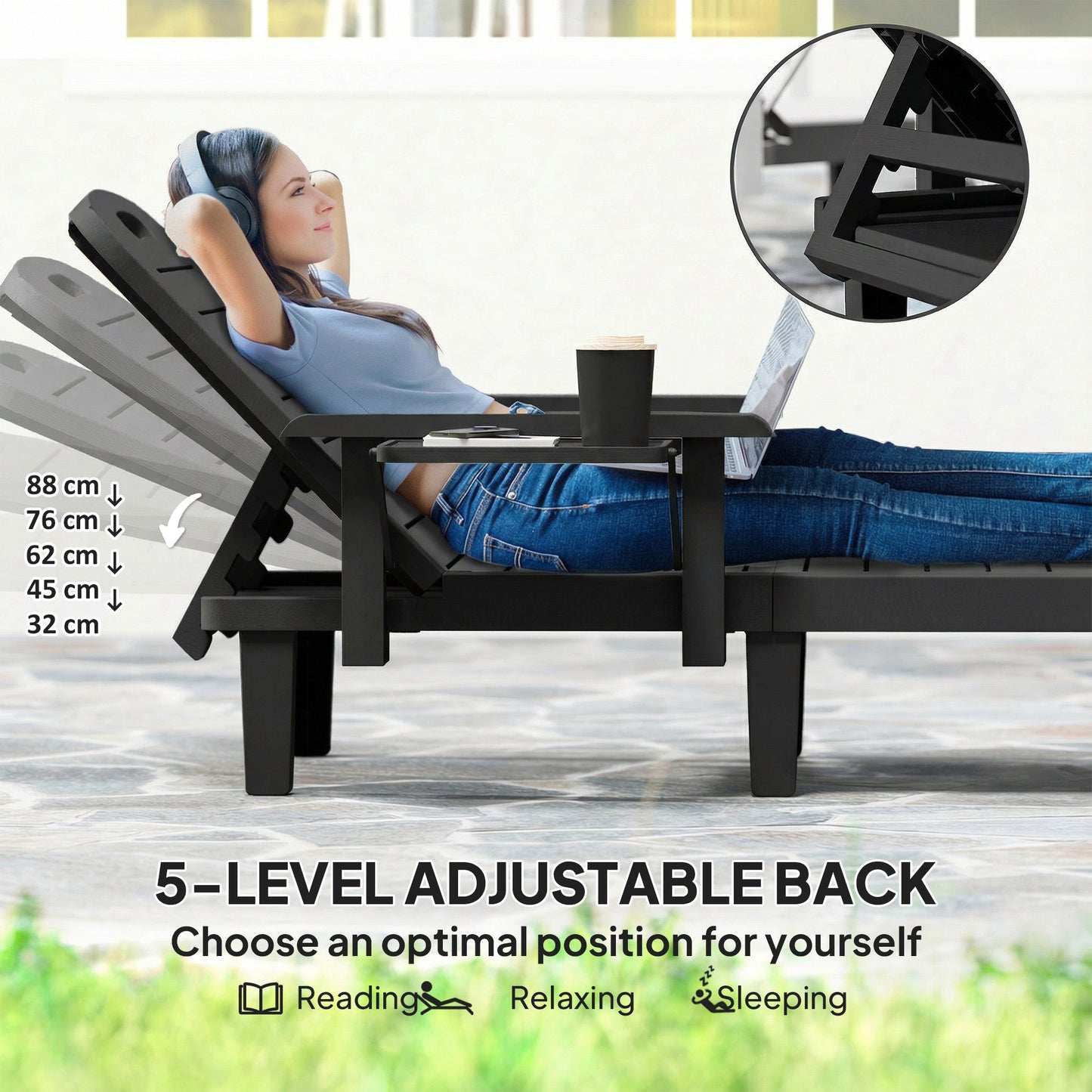 Set of 2 Resin Reclining Sun Loungers for Garden, Black