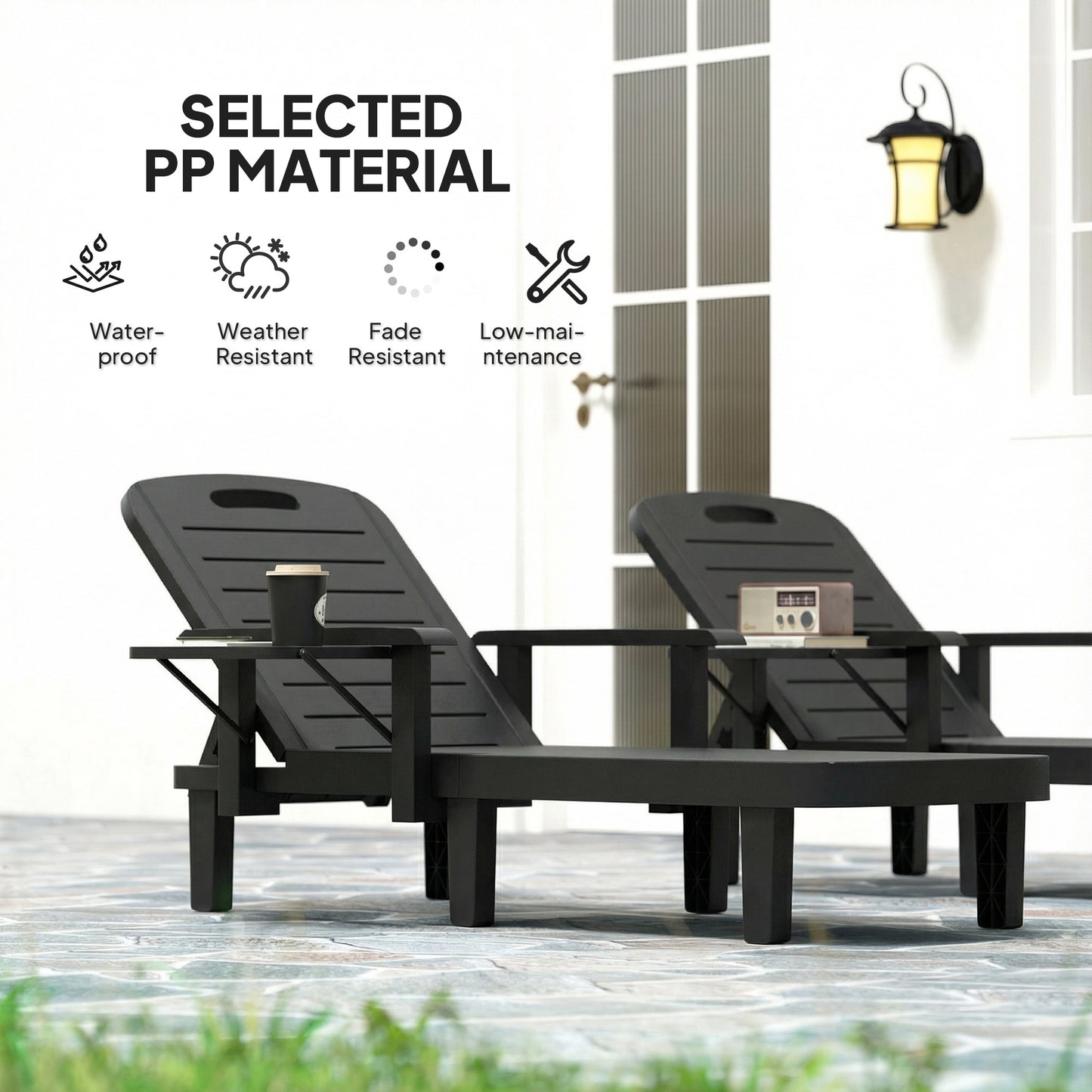 Set of 2 Resin Reclining Sun Loungers for Garden, Black