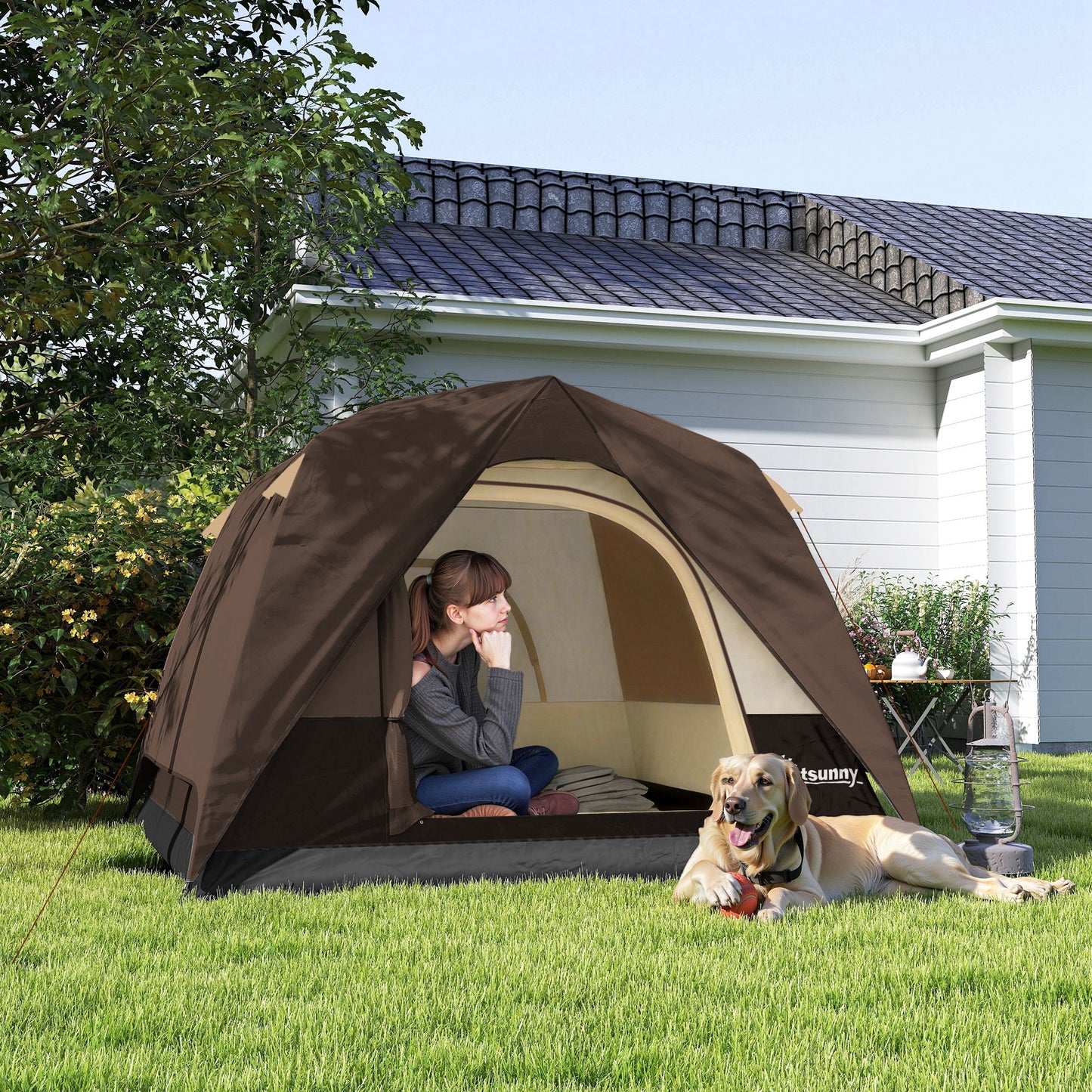 3-4 Person Camping Tent, Waterproof Tent, Brown
