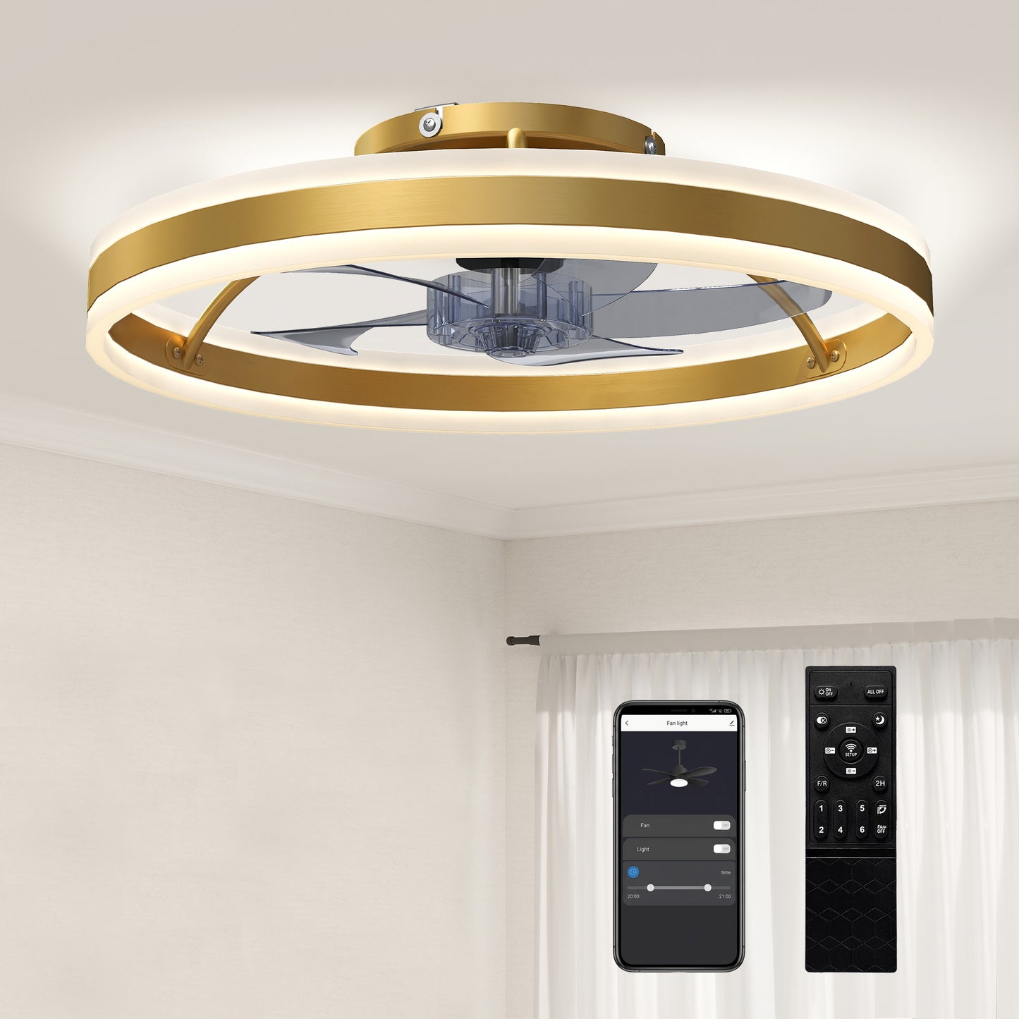 Ceiling Fan with Light and Remote, 3 Colour Temperatures, 50cm, Gold
