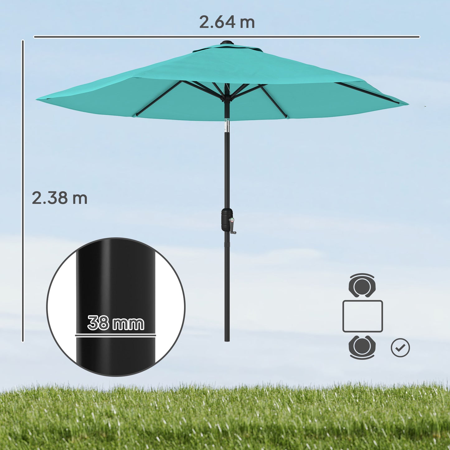 2.6M Garden Parasol Umbrella with Aluminium Pole, Tilt, Turquoise