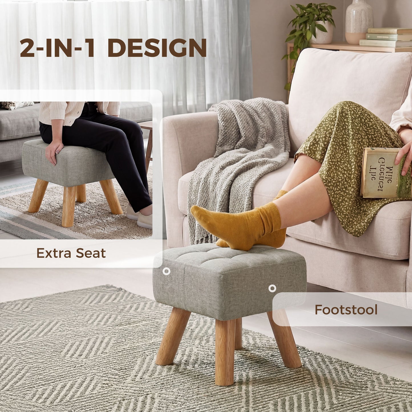 Modern Footstool, Fabric Foot Rest with Rubber Wood Legs, Brown