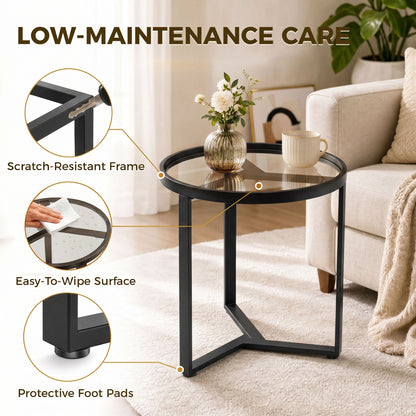 Round Side Table with Tempered Glass Top, Modern End Table with Geometric Metal Frame for Small Space, Living Room and Bedroom, Black