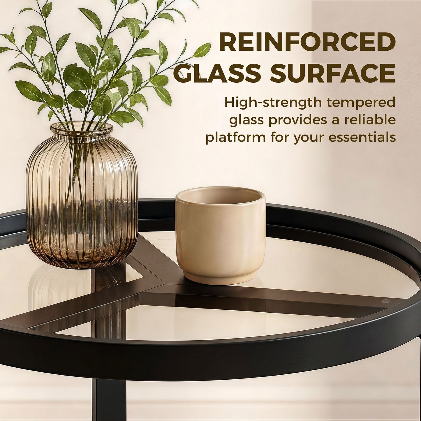 Round Side Table with Tempered Glass Top, Modern End Table with Geometric Metal Frame for Small Space, Living Room and Bedroom, Black