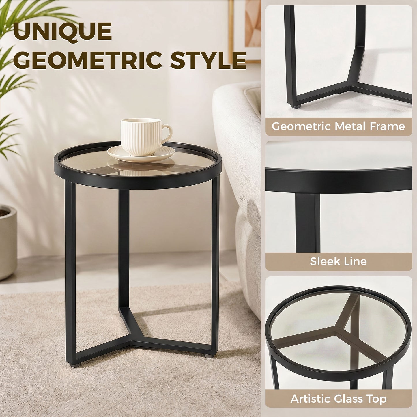 Round Side Table with Tempered Glass Top, Modern End Table with Geometric Metal Frame for Small Space, Living Room and Bedroom, Black