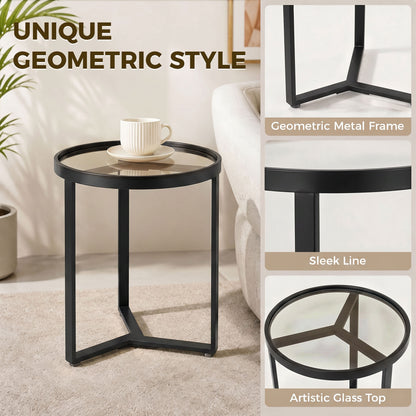 Round Side Table with Tempered Glass Top, Modern End Table with Geometric Metal Frame for Small Space, Living Room and Bedroom, Black
