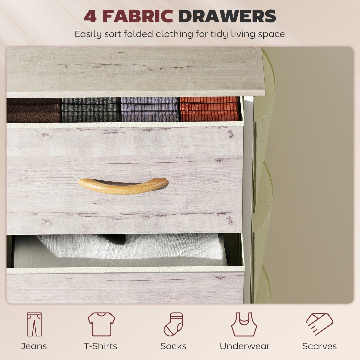 Fabric Chest of Drawers, 4 Drawer Dresser for Bedroom, Natural Wood
