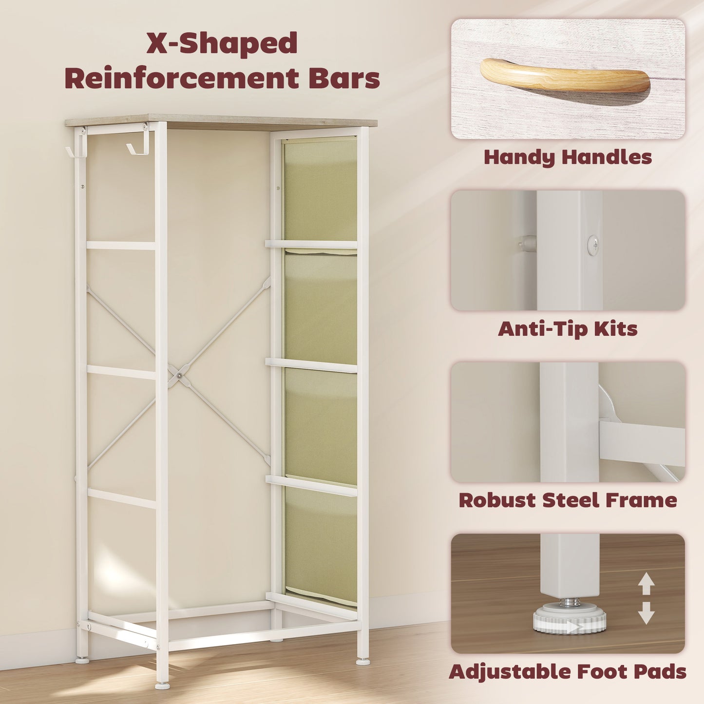 Fabric Chest of Drawers, 4 Drawer Dresser for Bedroom, Natural Wood