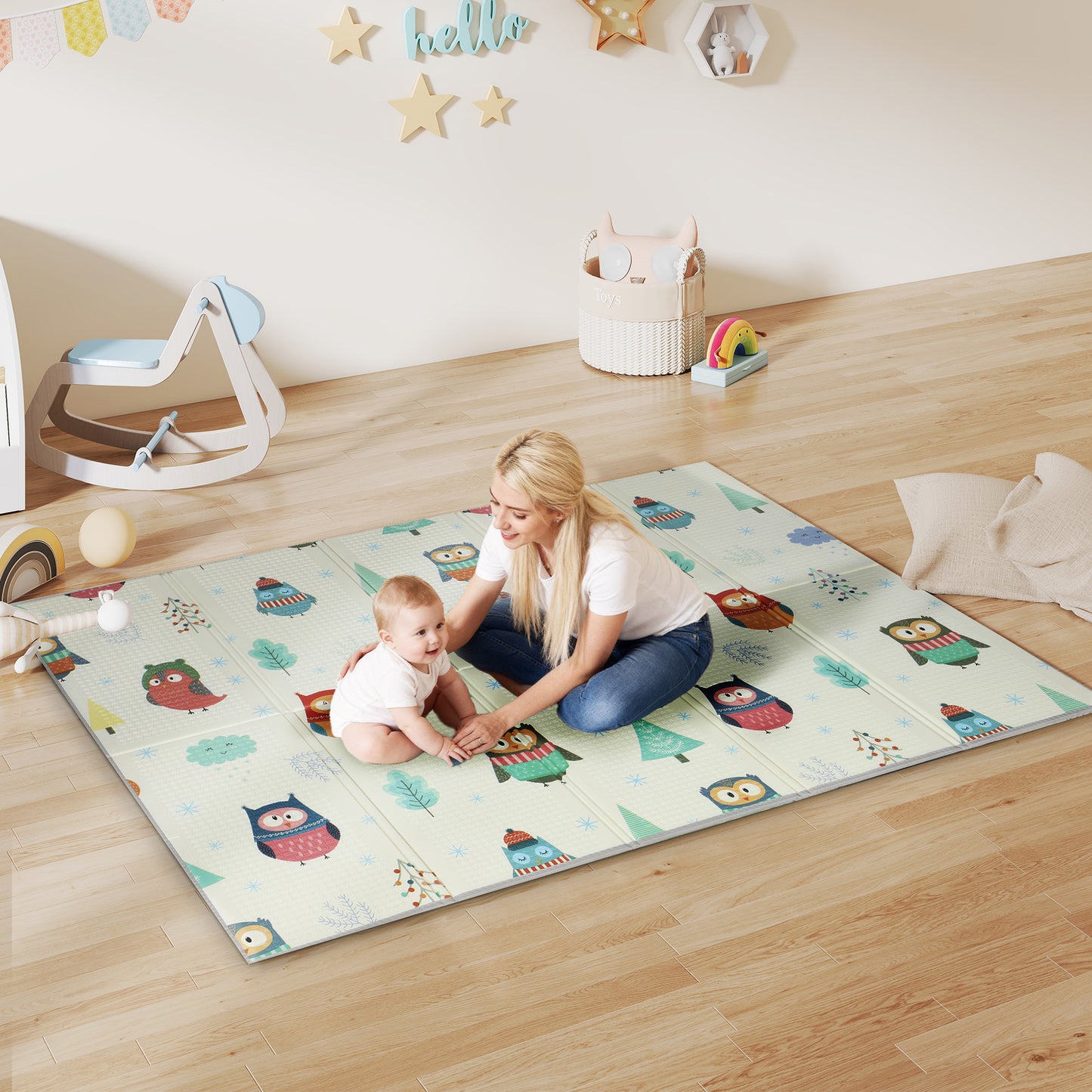 Baby Play Mat Double-Sided, Kids Floor Mat, Car Track and Owl Theme