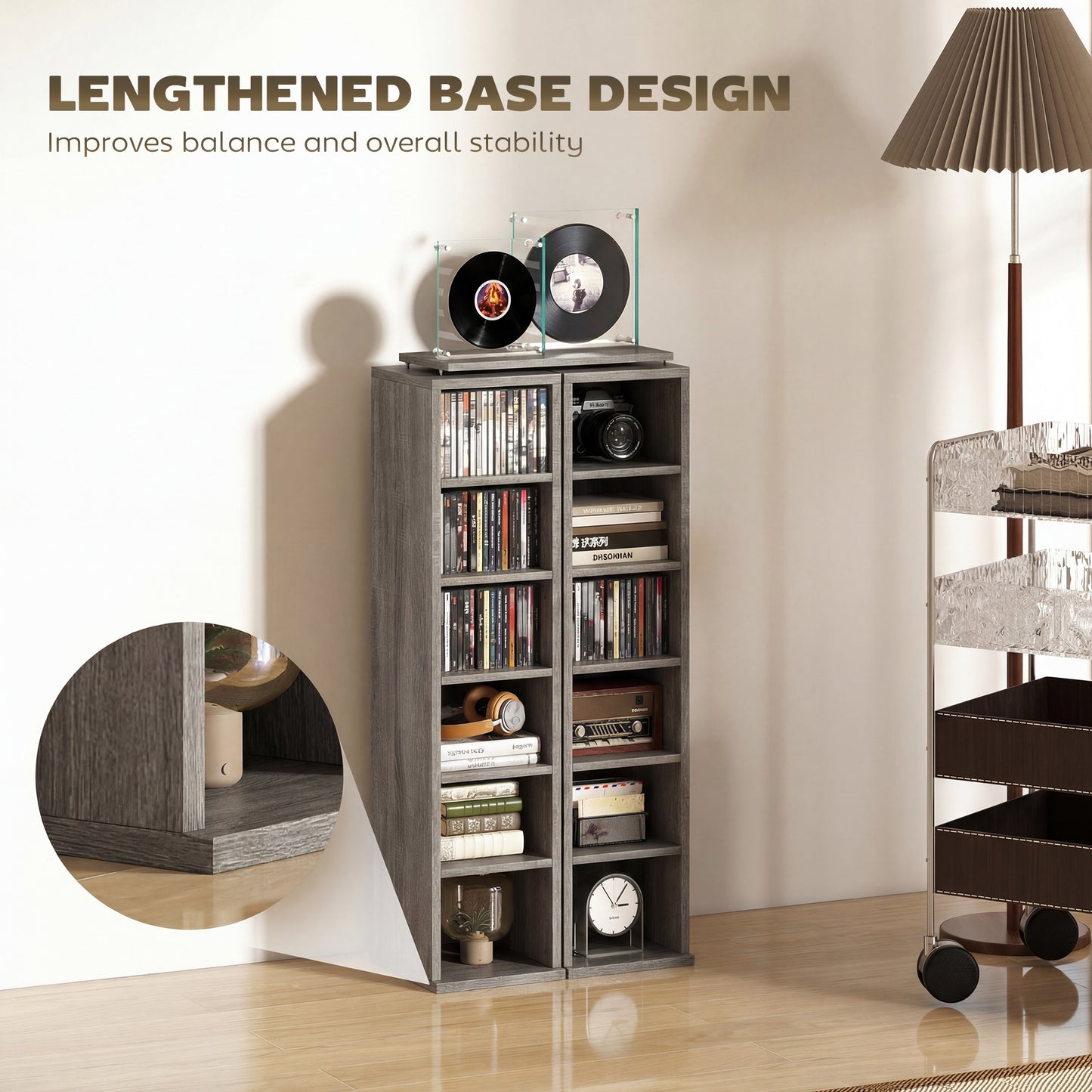 Set of 2 CD Storage Units with Adjustable Shelves, Distressed Grey