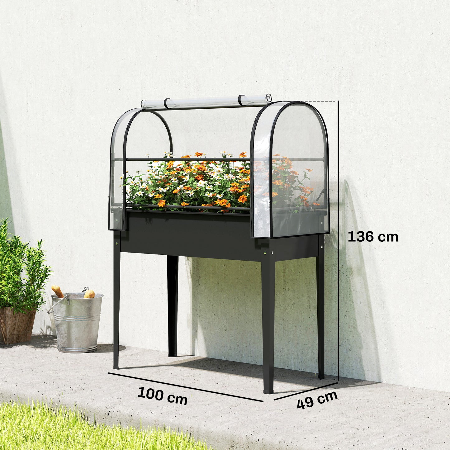 Raised Planter with Flip-Up Greenhouse Cover, Metal Raised Garden Bed on Legs with Drainage Hole and Gloves, Outdoor Elevated Garden Planter for Vegetables, Herbs, Flowers, Black